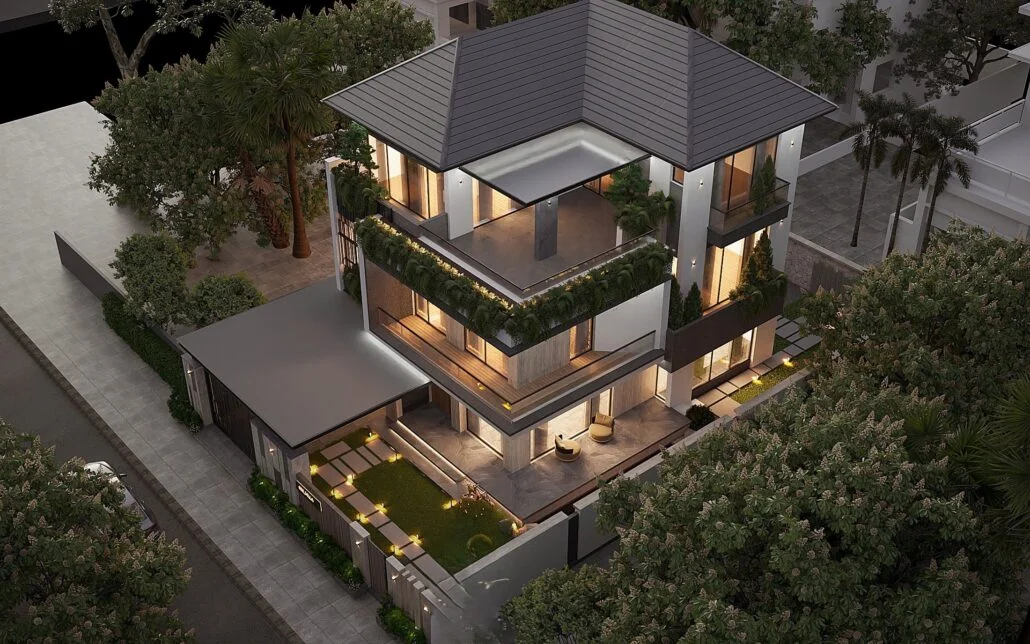 Sự kết hợp vật liệu bậc thầy: Đá ốp xám trung tính đan xen trần gỗ ấm áp tại mặt tiền 668_VILLA.